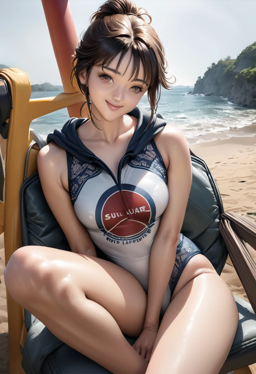 (High quality, 8K ,Wallpaper), (Very delicate and beautiful), (Must see), (Top quality: 1.0), (Ultra high quality: 1.0), (Realistic), Masterpiece, Top quality, 4k, High resolution, Realistic, Raw photo, Fine, lustrous skin, Japanese woman, 20 years, (Lifeguard chair: 1. 4), sitting, legs crossed, looking, gently smiling, brown hair half up, brown eyes, wearing one piece swimming costume with intricate lace pattern, (wearing hoodie: 1.3), summer beach scene, realistic shadow, (high resolution), fine skin, super fine, slim body, thin collar bone, cheeks, realistic face, realistic eyes ( small eyes, happy smile), (low angle shot: 1.2),