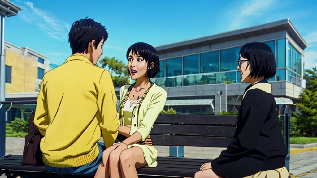 shinkai makoto, kimi no na wa., 1boy, muscular, buzzcut, boy behind girl, hug back, hugging, hig from behind, 1girl, black hair, brown eyes, open mouth, eyeglasses,  open mouth, short hair, har band, hair ribbon, yellow cardigan, cleavage, white dress skirt, perfect ???????, cowboyshot, sit on bench chair, reading a book, outdoors, school university, sky, school building, anime character, 