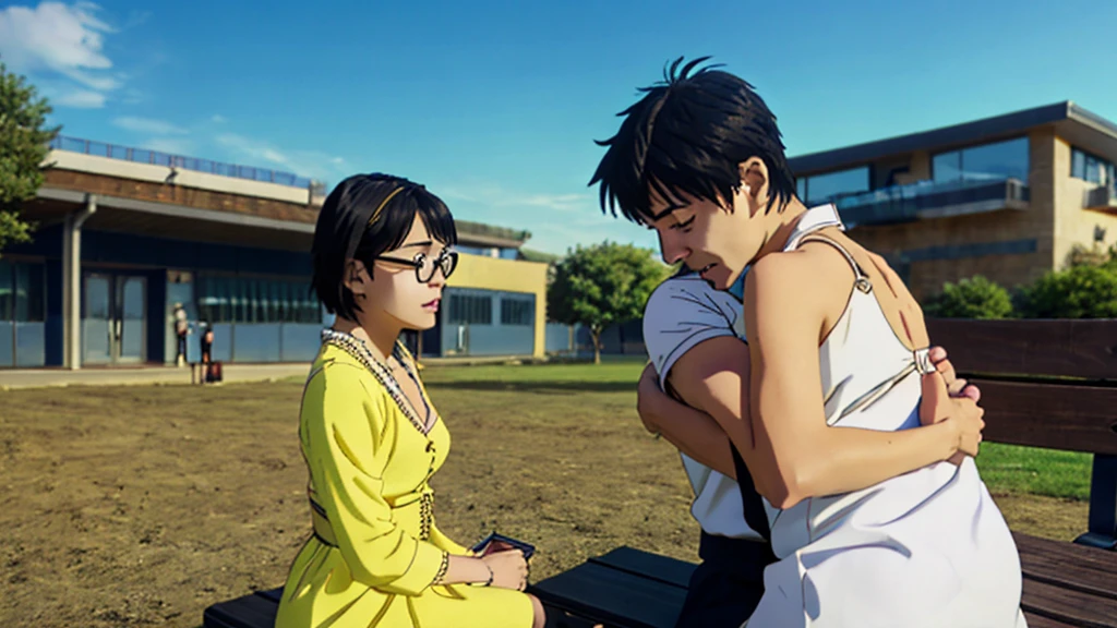 shinkai makoto, kimi no na wa., 1boy, muscular, buzzcut, boy behind girl, hug back, hugging, hig from behind, 1girl, black hair, brown eyes, open mouth, eyeglasses, open mouth, short hair, har band, hair ribbon, yellow cardigan, cleavage, white dress skirt, perfect anatomy, cowboyshot, sit on bench chair, reading a book, outdoors, school university, sky, school building, anime character,