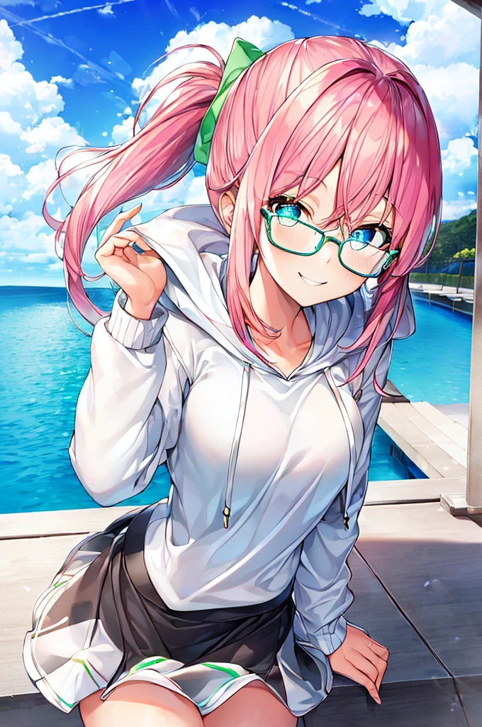 (best quality:1.2,8k,highres,masterpiece:1.2), pink hair ponytail, monochromia, blue eye, green eye, white glasses, 1girl, smile, black hoodie, white skirt