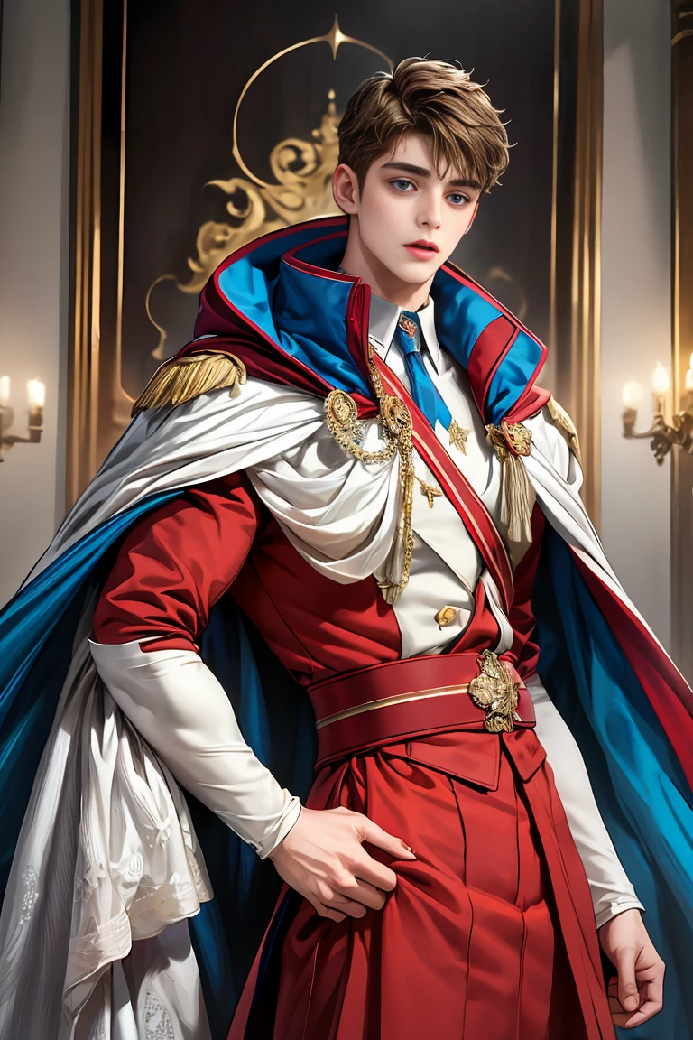 
masterpiece, 最high quality, high quality, 1 boy, alone, Male focus, Watching the audience,  Messy brown hair, Adorable big blue eyes, White people, Noble, Noble,Sexy voluminous cape、vampire、A very voluminous, large, very large, very large, long, long red and black cape with a high stand-up collar, made of a lot of fabric that reaches down to the floor., 17 years old,Cute beautiful boys,Cute, cute, kind, handsome guy