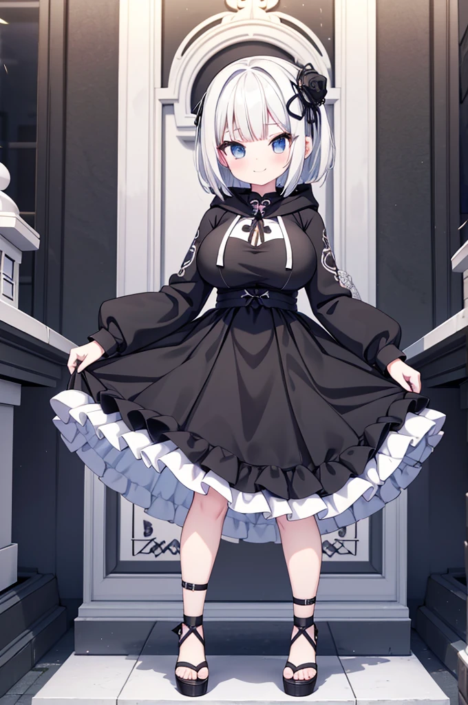 Anime-style image of a woman with white hair and black clothing, Cute 3D anime girl render, Cute anime waifu in a nice dress, Anime VTuber Full Body Model, Anime girl in a black hoodie, Gothic Maiden Anime Girl, Highly detailed characters, Official character art,Shrine maiden,Big Tits,Bobcut,smile