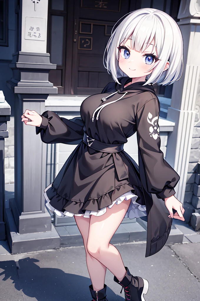 Anime-style image of a woman with white hair and black clothing, Cute 3D anime girl render, Cute anime waifu in a nice dress, Anime VTuber Full Body Model, Anime girl in a black hoodie, Gothic Maiden Anime Girl, Highly detailed characters, Official character art,Shrine maiden,Big Tits,Bobcut,smile