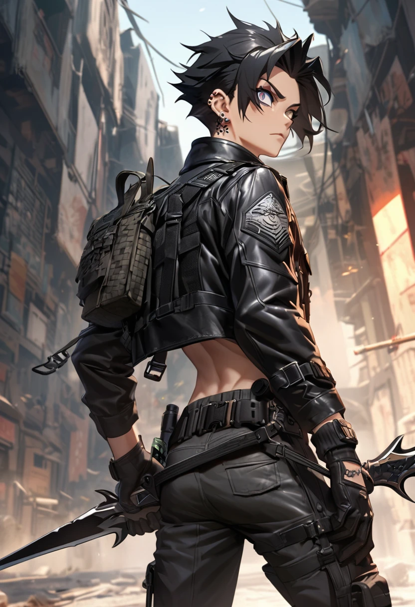 anime styling, Qin Yu, a young man with black hair and piercing eyes, wears a sturdy leather jacket and tactical pants. He holds a long, gleaming sword on his back and several daggers strapped to his belt.. He&#39;s standing in an apocalyptic city, with ruins of modern buildings around, debris in the streets and vegetation beginning to take over the structures. The sky is cloudy and gloomy with a sunset orange hue. Little drones float around you, and there is an aura of bluish light emitting from the technological device on his left wrist.