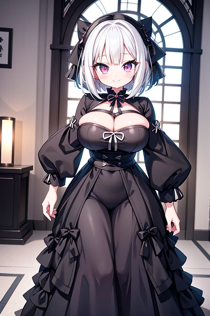 Anime-style image of a woman with white hair and black clothing, Cute 3D anime girl render, Cute anime waifu in a nice dress, Anime VTuber Full Body Model, Anime girl in a black hoodie, Gothic Maiden Anime Girl, Highly detailed characters, Official character art,Shrine maiden,Big Tits,Bobcut,smile