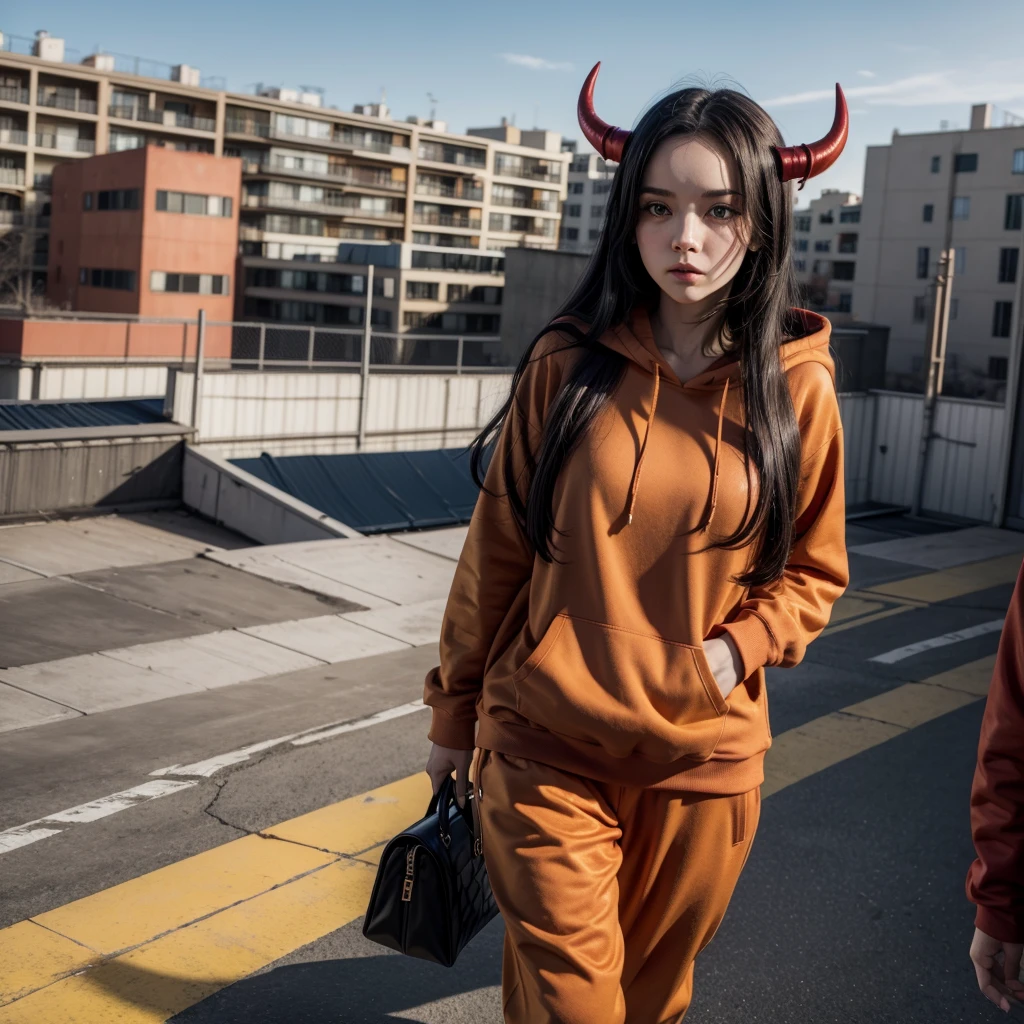 Succubus, red skin, small horns, yellow eyes, long black hair, red hoodie, walking on the roof