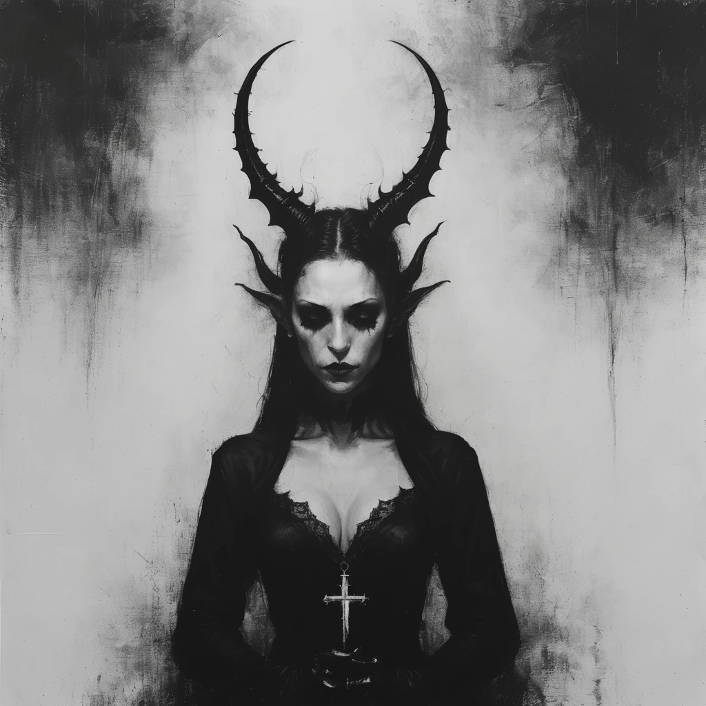 a (painting) of a holy adult succubus with symmetrical beautiful horns, in prayer, gloves, (close-up), vampire the masquerade bloodlines, incredible art, gloomy background, nimbus, church ragged vestments, darksketch, minimalism
