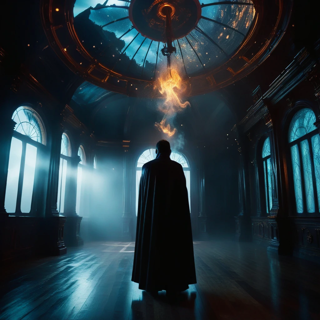 Capture the Habitable Worlds Observatory the colossal in an epic cene amidst swirling fog and dark. Embrace the action and chaos as these formidable forces clash in the heart of the Observatory. cinematic composition, soft shadows, national geographic style arafed image of a man in a black robe standing in a dark hall Observatory , fantasy style 8 k octane render, cinematic photograph concept art, andreas rocha style, 8 k matte painting, 8k matte painting, epic cinematic matte painting, 