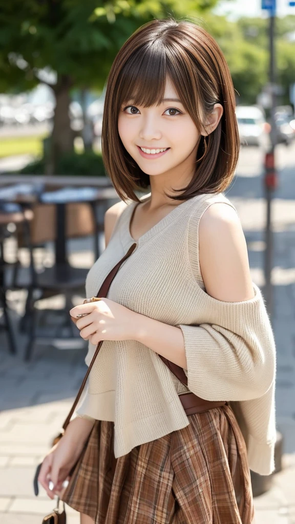 highest quality, masterpiece, Attractive girl, Stunning girl, Brown Hair, Shoulder Length Layered, asymmetrical bangs, Japanese Idol, Sophisticated, Stylish, embarrassed、smile、白レースビキニ