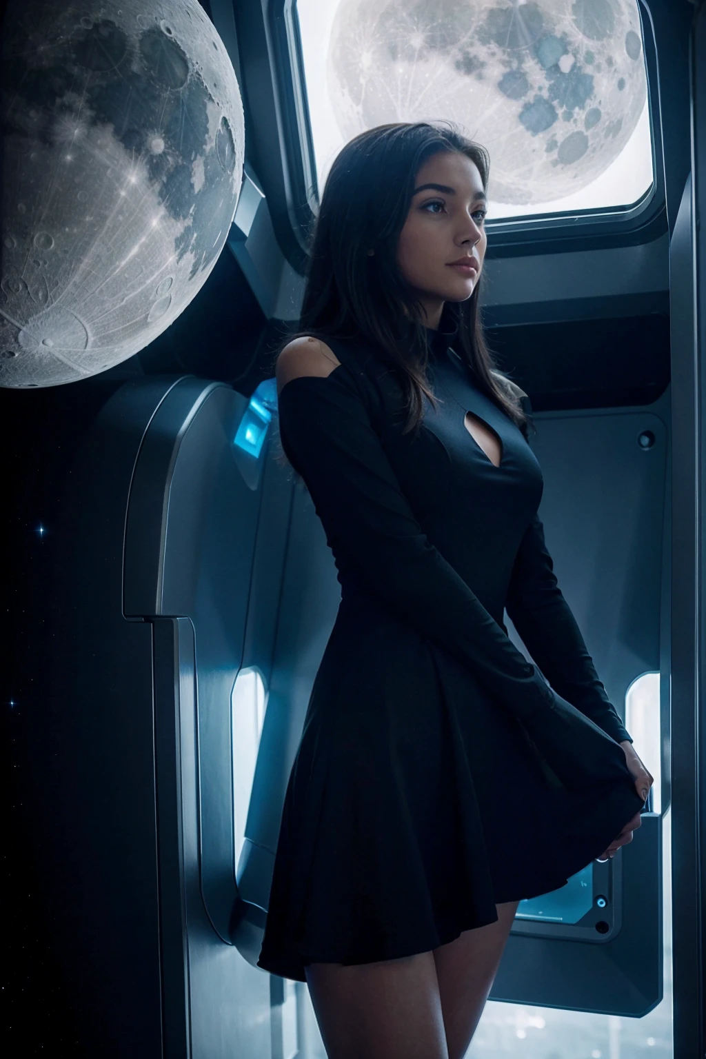1 girl, 2 UFOs, gorgeous, dress, mysterious, spaceship, moon, sexy clothes, futuristic suit, super quality, super figure, looking out the ship window, different planets, edv
