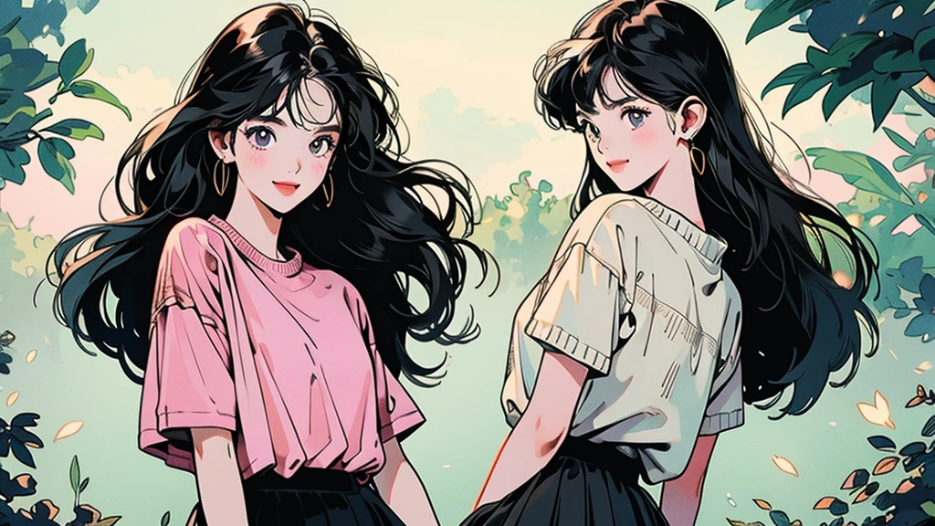 whole body、Friendly faces、1 pretty girl、short sleeve sweater、skirt、leaning against a big tree、complex background、detailed hair、black hair、dim lighting、laugh