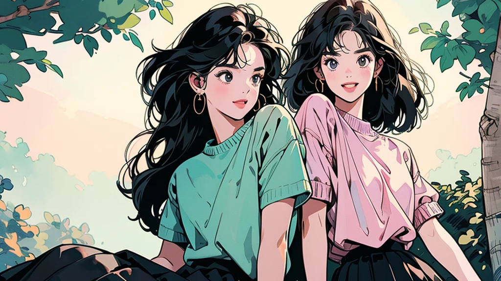 whole body、Friendly faces、1 pretty girl、short sleeve sweater、skirt、leaning against a big tree、complex background、detailed hair、black hair、dim lighting、laugh