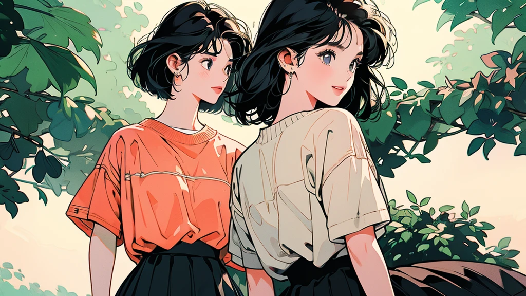 whole body、Friendly faces、1 pretty girl、short sleeve sweater、skirt、leaning against a big tree、complex background、detailed hair、black hair、dim lighting、laugh