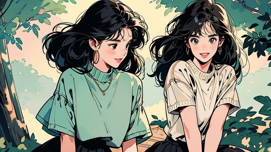 whole body、Friendly faces、1 pretty girl、short sleeve sweater、skirt、leaning against a big tree、complex background、detailed hair、black hair、dim lighting、laugh