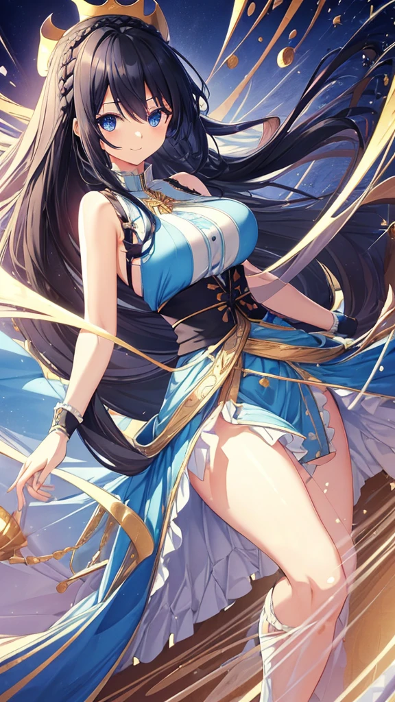 best quality, extremely detailed,anime style girl,long hair down to the waist, straight hair, ((dark black hair with bluish)),((crown braid)),beautiful detailed eyes, pinched eyes, (dark blue eyes),huge breasts,curvy,((cutie colorful clothing)),Fine decoration,clothing with complex patterns,smile,((café)),dynamic angle,active pose