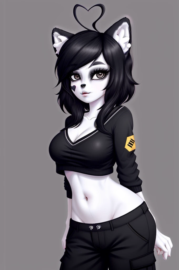 kenny \(kenashcorp\), 1girl, (dog, dog girl), furry, dog ears, heart ahoge, animal nose, black and white fur, black arms, eyes makeup, black eyes, dog tail, cheek heart, black hair, medium hair, simple background, dark background, black sweater   bra  , black cargo pants, big breasts 