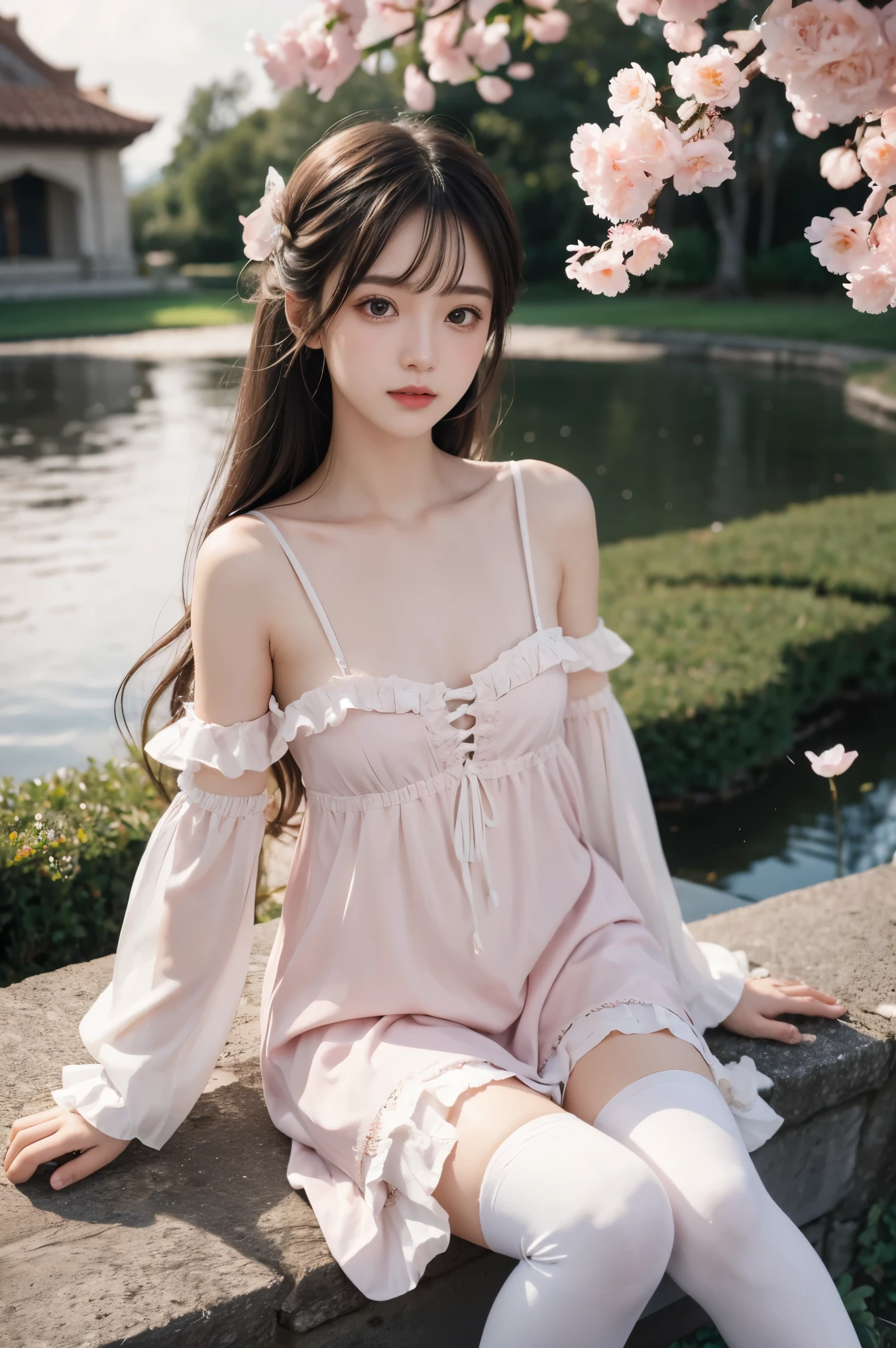 (sitting),(bow),(silver hair),(long hair),(light red eyes),hreat in the eyes,(white fourpetal flower hair ornament:1.1),(blush),bangs,(a girl in[(nightdress):(((no socks))):0.4]:1.2),(bare shoulder),collarbone,(white thighhighs:1.2),frilled sleeves,looking at viewer,[(night:1.2),peaceful,sky,((full moon)),stars,house,town,(in a courtyard),water drop,pond,(near by the pond),tree,flower request,wind::0.6],(lridescent light refraction),(floating pink petals:1.2),dreamy
