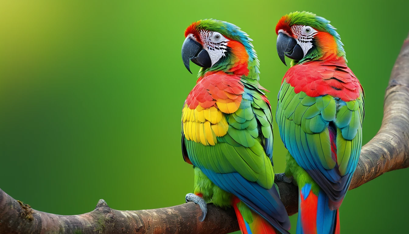 (best quality, 4k, 8k, alto, main part: 1.2), ultra-detalhado, (Realistic, photorealista, photo-realistic: 1.37), bright colors, clear lighting, Bird of Paradise, multi color parrot, sitting on a trunk , presigious bird, penas coloridas, neutral green background, colorida, vibrant, Surprisingly vivid, unique patterns, Artistic portrait, feather patterns that blend perfectly, translucent wings, A charming sight, fascinating vision, breathtaking images,