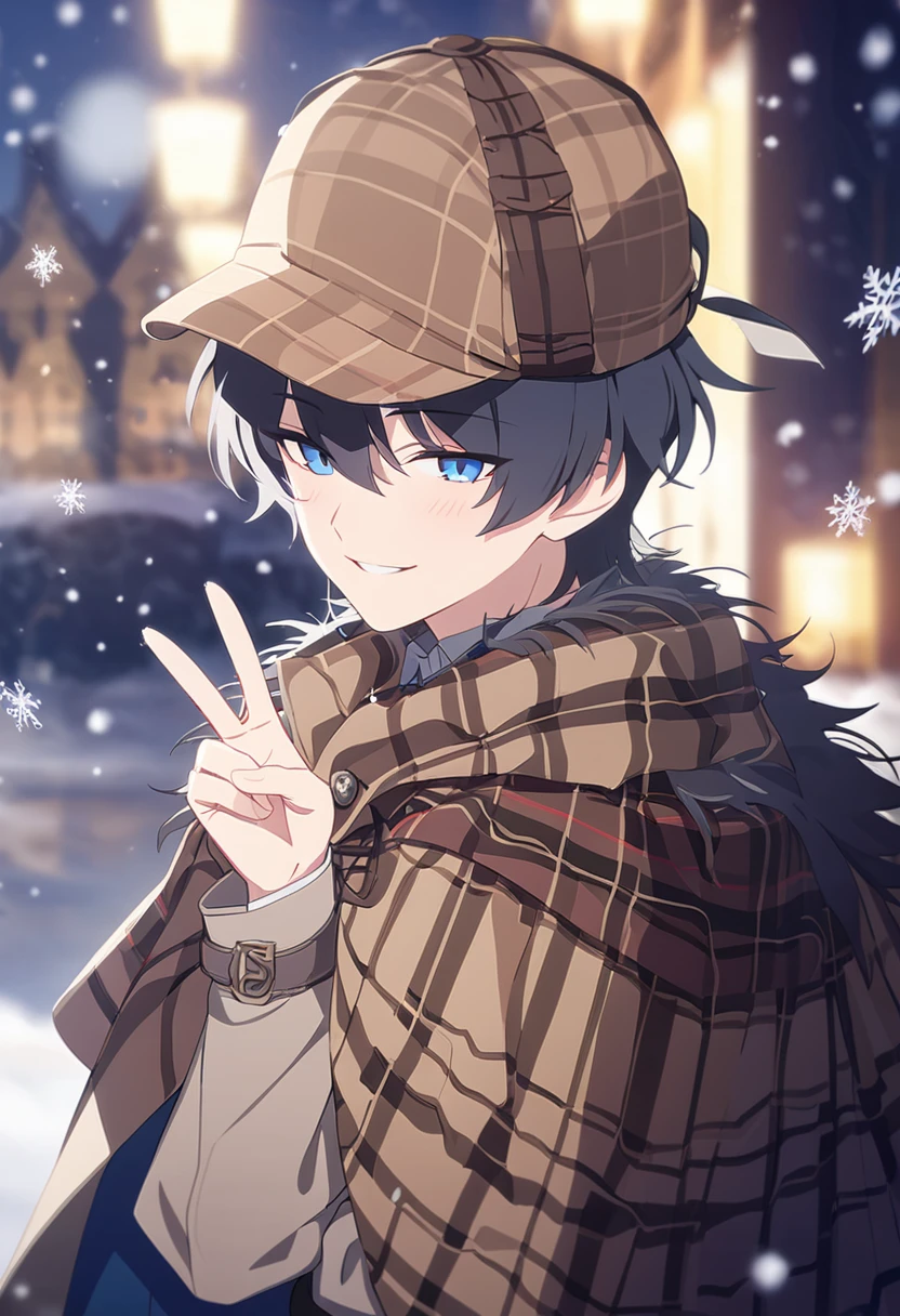 masterpiece,best quality,depth of field,8k,뷰어를 Overlooking,man,dark gray hair,blue eyes,(charismatic eyes 1:1),chic,black hair,Blue Eyes,wrote deerstalker,Light brown striped frock coat with cape,male,Overlooking,Short hair,alone,smiling,Cloak with fur on the shoulders,There is snow in the background,snowing,doing v,light blush
