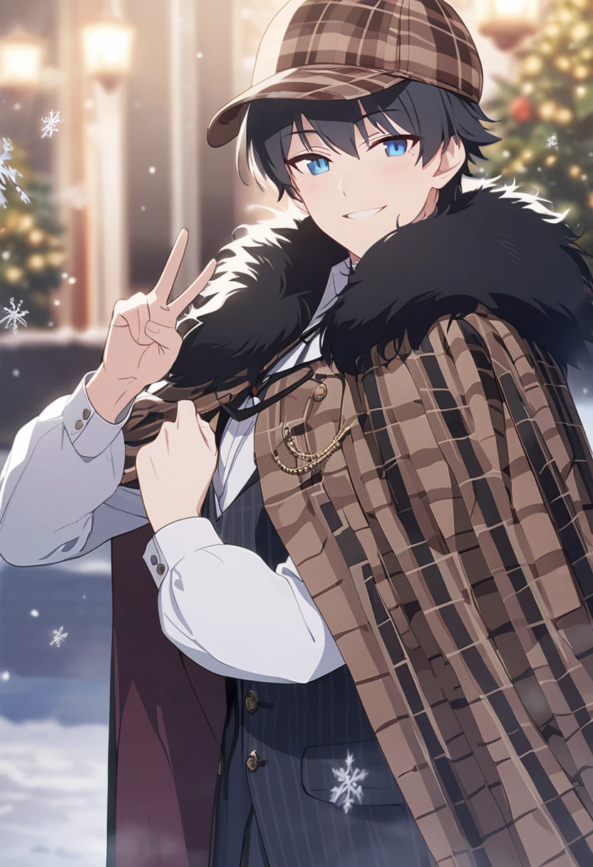 masterpiece,best quality,depth of field,8k,뷰어를 Overlooking,man,dark gray hair,blue eyes,(charismatic eyes 1:1),chic,black hair,Blue Eyes,wrote deerstalker,Light brown striped frock coat with cape,male,Overlooking,Short hair,alone,smiling,Cloak with fur on the shoulders,There is snow in the background,snowing,doing v,light blush