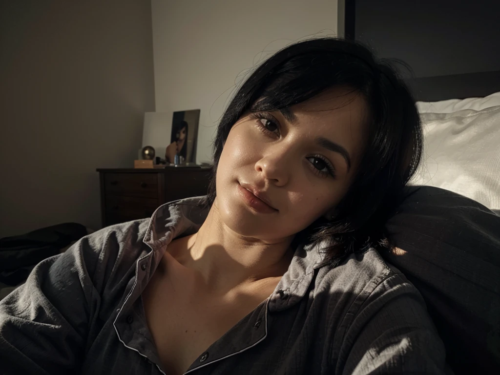 In pyjamas, short black hair, laying in bed, dark room