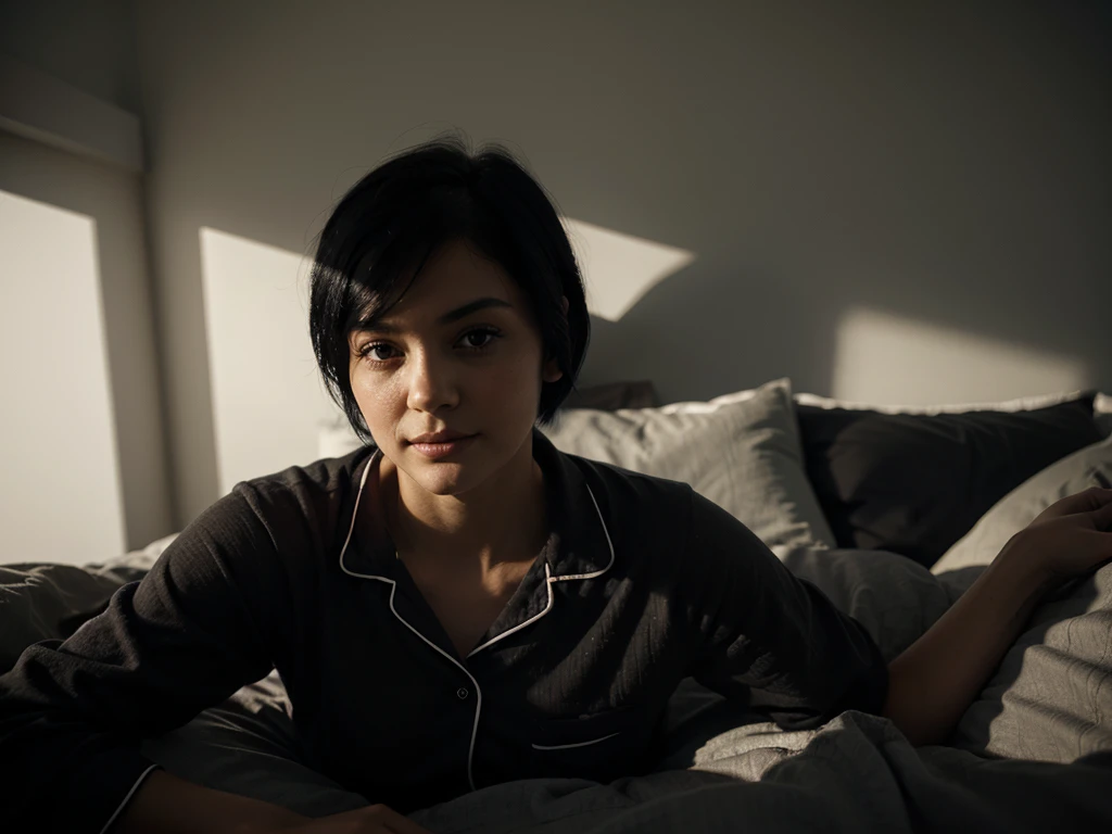 In pyjamas, short black hair, laying in bed, dark room