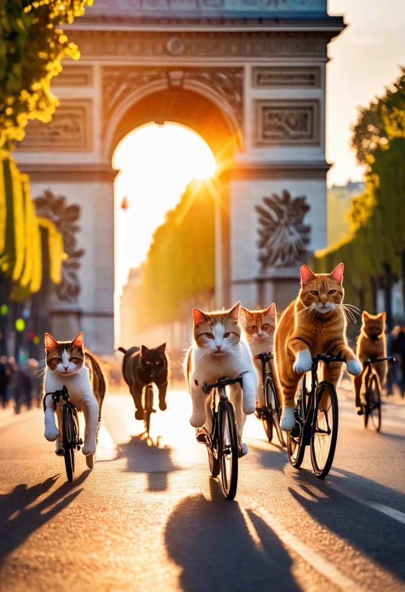 Cats running along the Champs-Élysées, Road cyclists ride close to cats,Sunlight shining through the arch, capturing the joyful atmosphere, Vibrant colors, High resolution, Very detailed, Professional Lighting, 