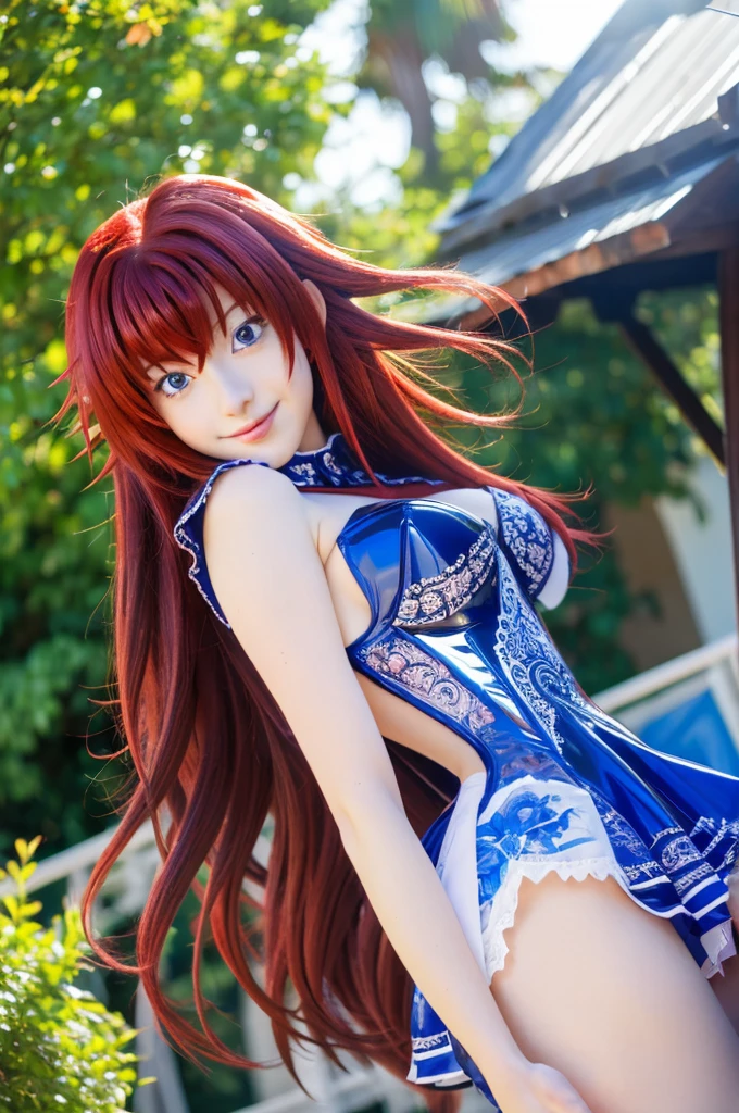 ((master piece)) , (High School DxD) , ((Rias Gremory)) , (red hair) , (long hair) , (blue eyes) , (detailed art style) , (highly detailed) , (finely detailed) , (beautiful girl) , ((photo realistic)) , latex dress , light smile, outdoors, ,ltxdr3ss