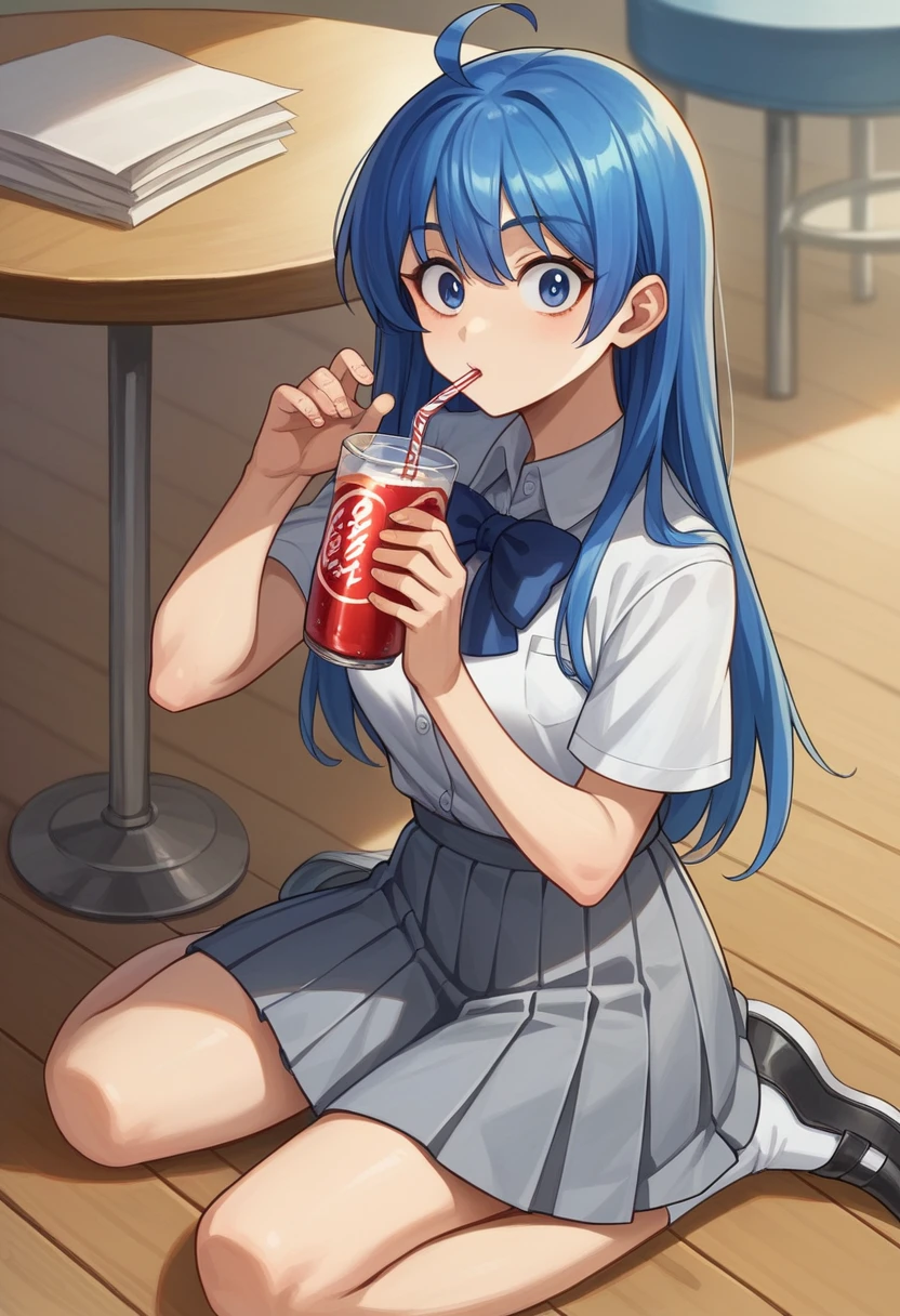 (masterpiece, best quality, very aesthetic, ultra detailed), intricate details, 1girl,,anna_yanami, skirt, blue eyes, blue hair, bow, shirt, ahoge, short sleeves, grey skirt, pleated skirt, , drinking, soda, straw in soda glass, kneeling, wooden floor, looking at viewer, surprised facial expression,long hair