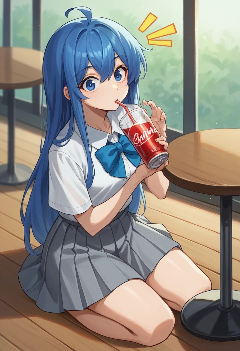 (masterpiece, best quality, very aesthetic, ultra detailed), intricate details, 1girl,,anna_yanami, skirt, blue eyes, blue hair, bow, shirt, ahoge, short sleeves, grey skirt, pleated skirt, , drinking, soda, straw in soda glass, kneeling, wooden floor, looking at viewer, surprised facial expression,long hair