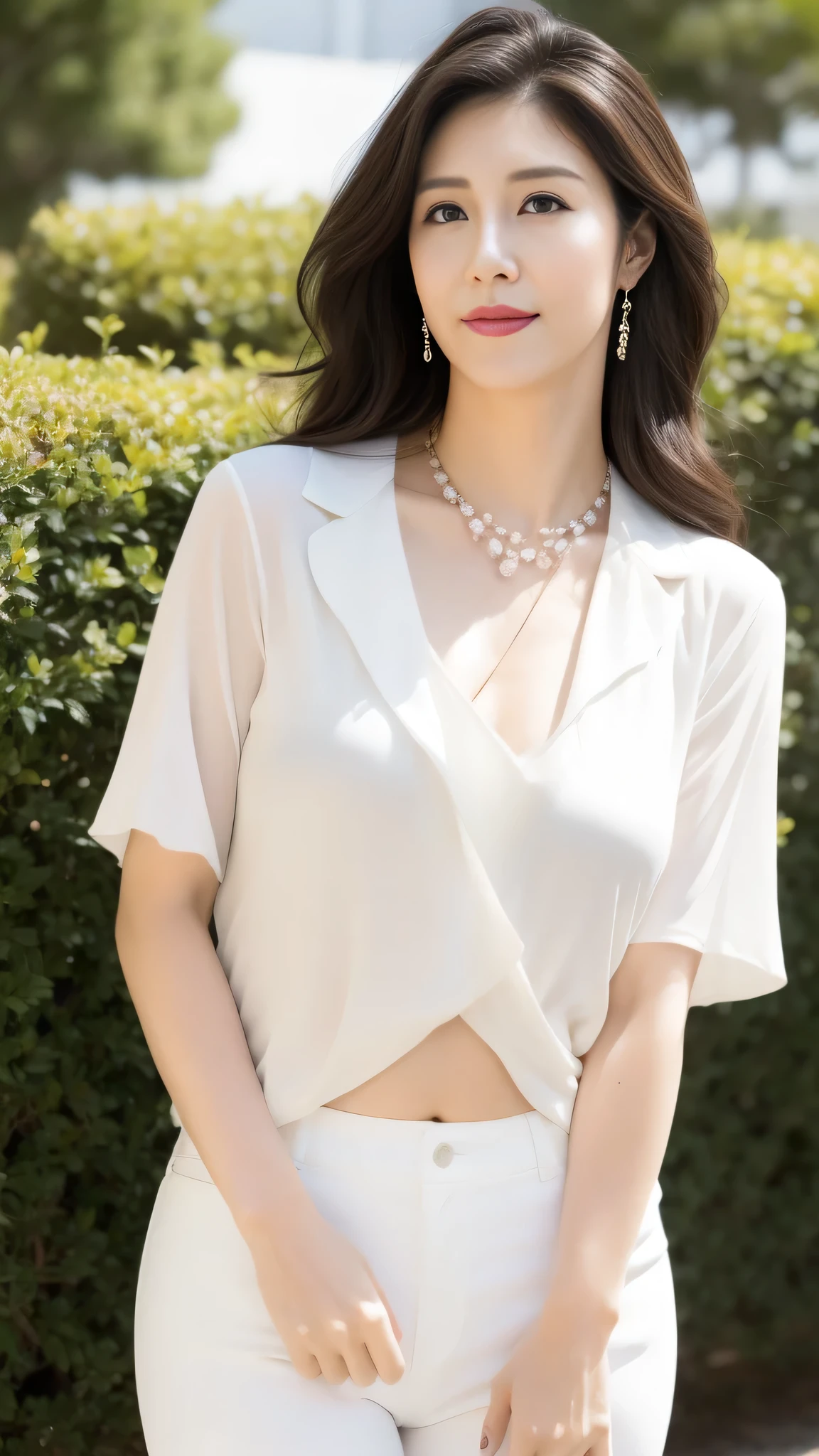 ((Masterpiece)), ((Top)), Ultra high resolution, 8k wallpaper, Realism, High quality, Advanced depth of field, Ultra details, Realistic lighting, (Outdoor), Park background, Japanese mature woman, 40 years old, Makeup, (Lipstick: 1.1), (Eyeliner: 1.2), Mascara, Eyeshadow, Necklace, Beautiful eyes, Rich details, Exquisite beauty, Long curly hair, Dynamic angle, (Red lips), Japanese woman posing for a photo in white leggings, Busty, Tight outfit, Black shirt, Short sleeves, Character in natural pose, Wearing tight simple clothes, Realistic perfect body, Thick hips, Soft curvy shape