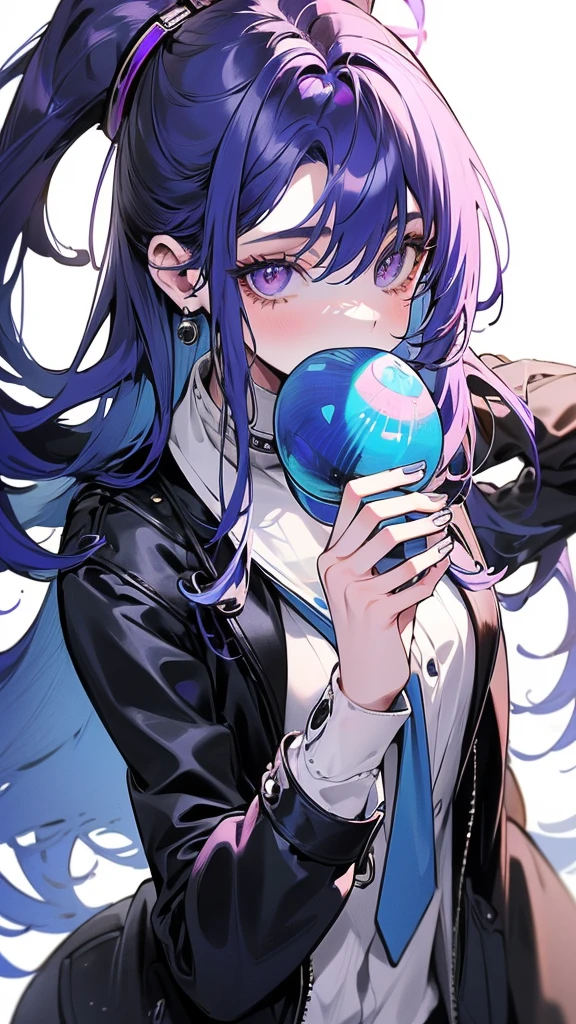 (Top resolution、Distinct_image)top-quality、(A girl) 、masterpiece、highly detailed, half body, Semi-realistic、 ( purple eyes ) 、18year old,
( blue hair ) ,young 、Exquisite facial features、Facial features ,variation potrait, long hair , teenage, cool , cold sharp eyes, , {Very detailed 8k CG unit wallpaper}, students, whit oversized shirt , black tie, music classroom, (blue jacket on top)
