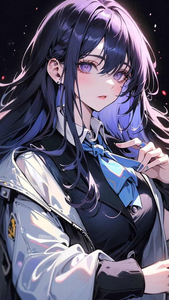(Top resolution、Distinct_image)top-quality、(A girl) 、masterpiece、highly detailed, half body, Semi-realistic、 ( purple eyes ) 、18year old,
( blue hair ) ,young 、Exquisite facial features、Facial features ,variation potrait, long hair , teenage, cool , cold sharp eyes, , {Very detailed 8k CG unit wallpaper}, students, whit oversized shirt , black tie, music classroom, (blue jacket on top)