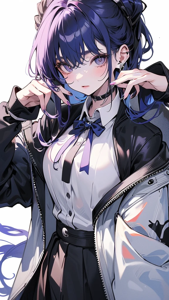 (Top resolution、Distinct_image)top-quality、(A girl) 、masterpiece、highly detailed, half body, Semi-realistic、 ( purple eyes ) 、18year old,
( blue hair ) ,young 、Exquisite facial features、Facial features ,variation potrait, long hair , teenage, cool , cold sharp eyes, , {Very detailed 8k CG unit wallpaper}, students, whit oversized shirt , black tie, music classroom, (blue jacket on top)