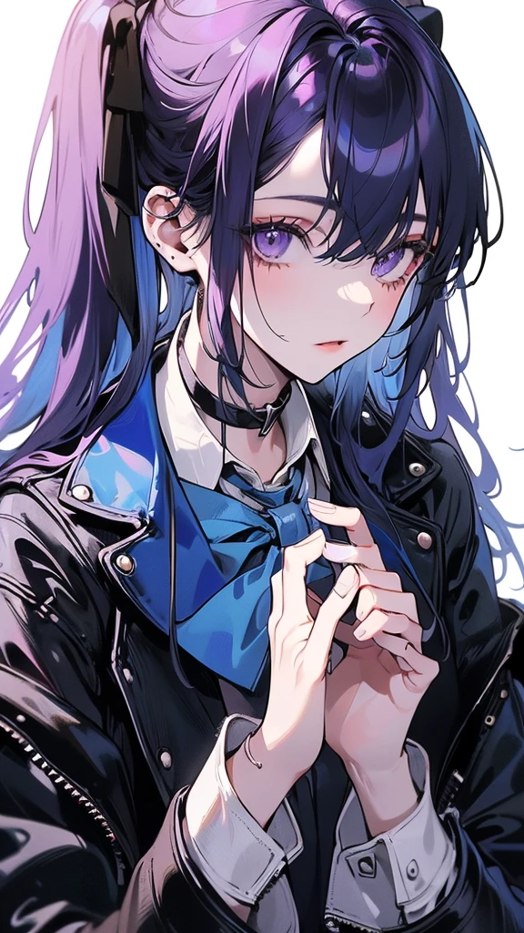 (Top resolution、Distinct_image)top-quality、(A girl) 、masterpiece、highly detailed, half body, Semi-realistic、 ( purple eyes ) 、18year old,
( blue hair ) ,young 、Exquisite facial features、Facial features ,variation potrait, long hair , age, cool , cold sharp eyes, , {Very detailed 8k CG unit wallpaper}, students, whit oversized shirt , black tie, music classroom, (blue jacket on top)