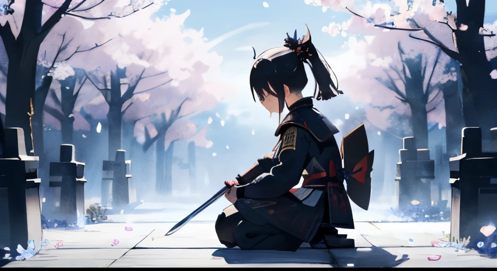 Female samurai、Late Night、Weeds that emit blue light、Spring equinox flower、fire Fly、Dim atmosphere、（And its rich details：1.3）、Strong contrast、Hard Shadow、cigarette、Strong winds、petal、particle、Mourning the dead、Kneel、Black Samurai Armor、Simple wooden tombstone、Grasp the sword、