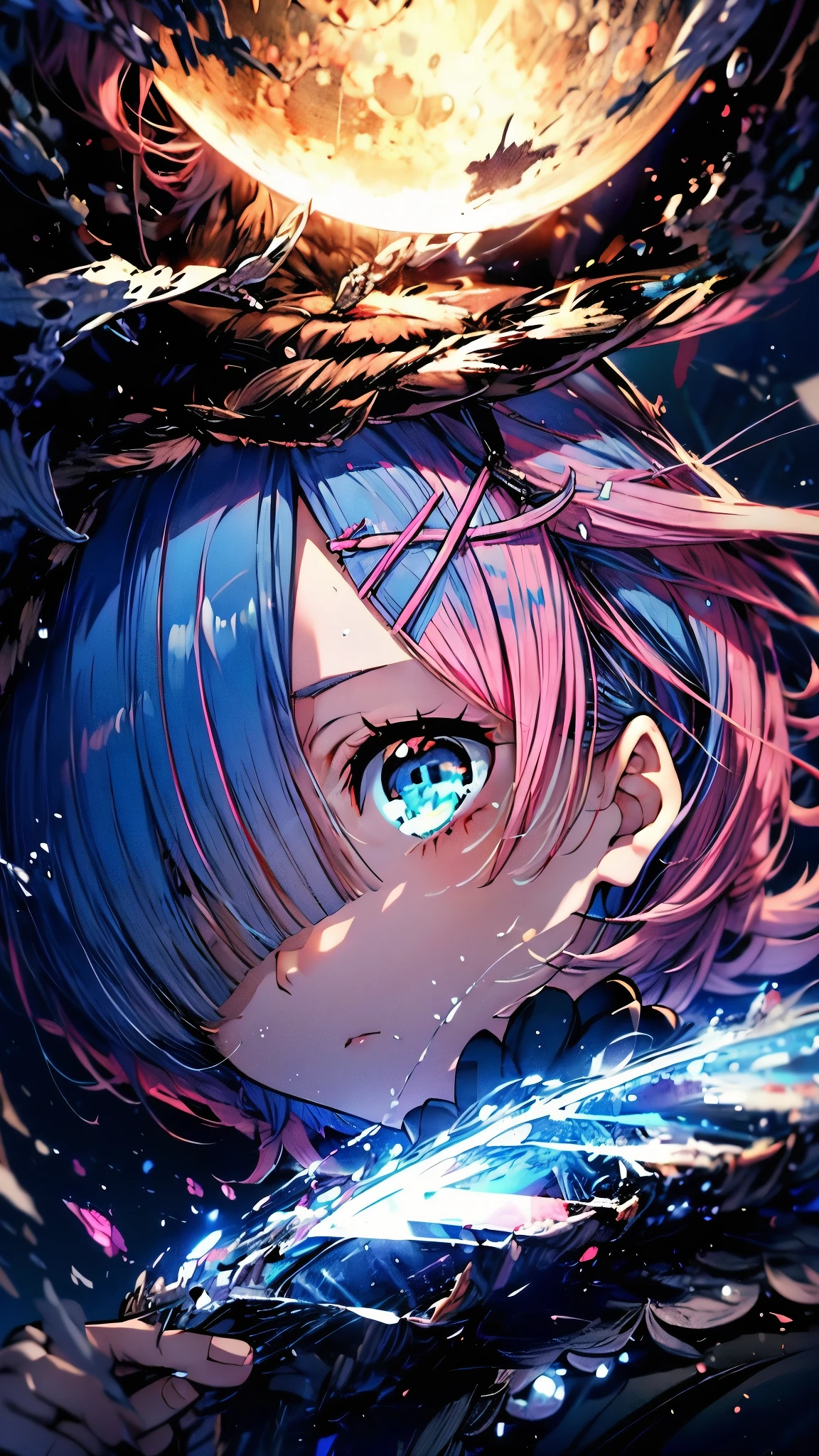 (Highest quality),(masterpiece), 8k,Very detailed, Detailed light, Best Shadow,Detailed reflective eyes, Beautiful Eyes, Very detailedな顔,Shiny Hair,2 people,Gloss,semi-long,Pink Hair,Pink Eyes,Blue Hair,Blue Eyes,enchanting,Expressionless,Quiet anger,full moon,hair ornaments,whole body,front,Re:Zero,rem,ram,Ram,Rem,fan,darkness,face is dirty for painting,Dynamic Angle,