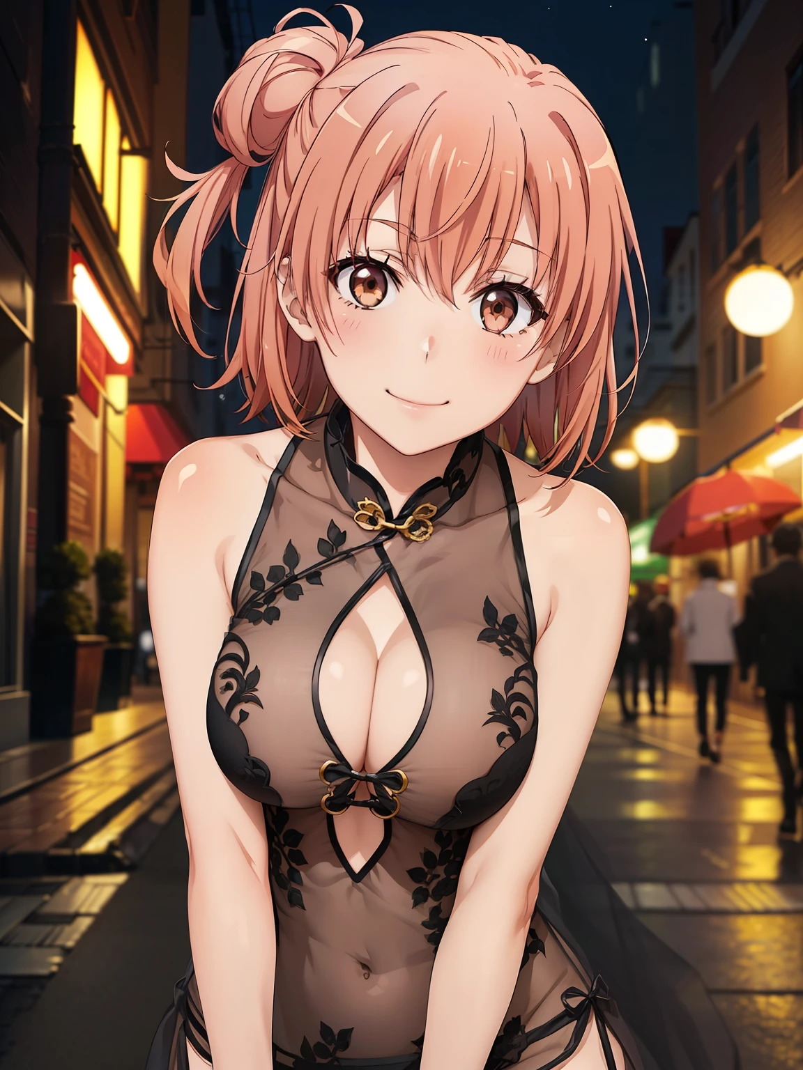 ((Highest quality, High resolution,  Perfect Pixel,  4K)),  (Beautiful Anime Girls), Depth of written boundary、
Watching the audience, 
Perfect body, 

yuigahama yui, Brown eyes、Detailed eyes、

(Big Breasts:1.2)、
1girl, 

Transparent_Cheongsam,clothing cutout,(see-through:1.2),

smile、blush、

street、night、