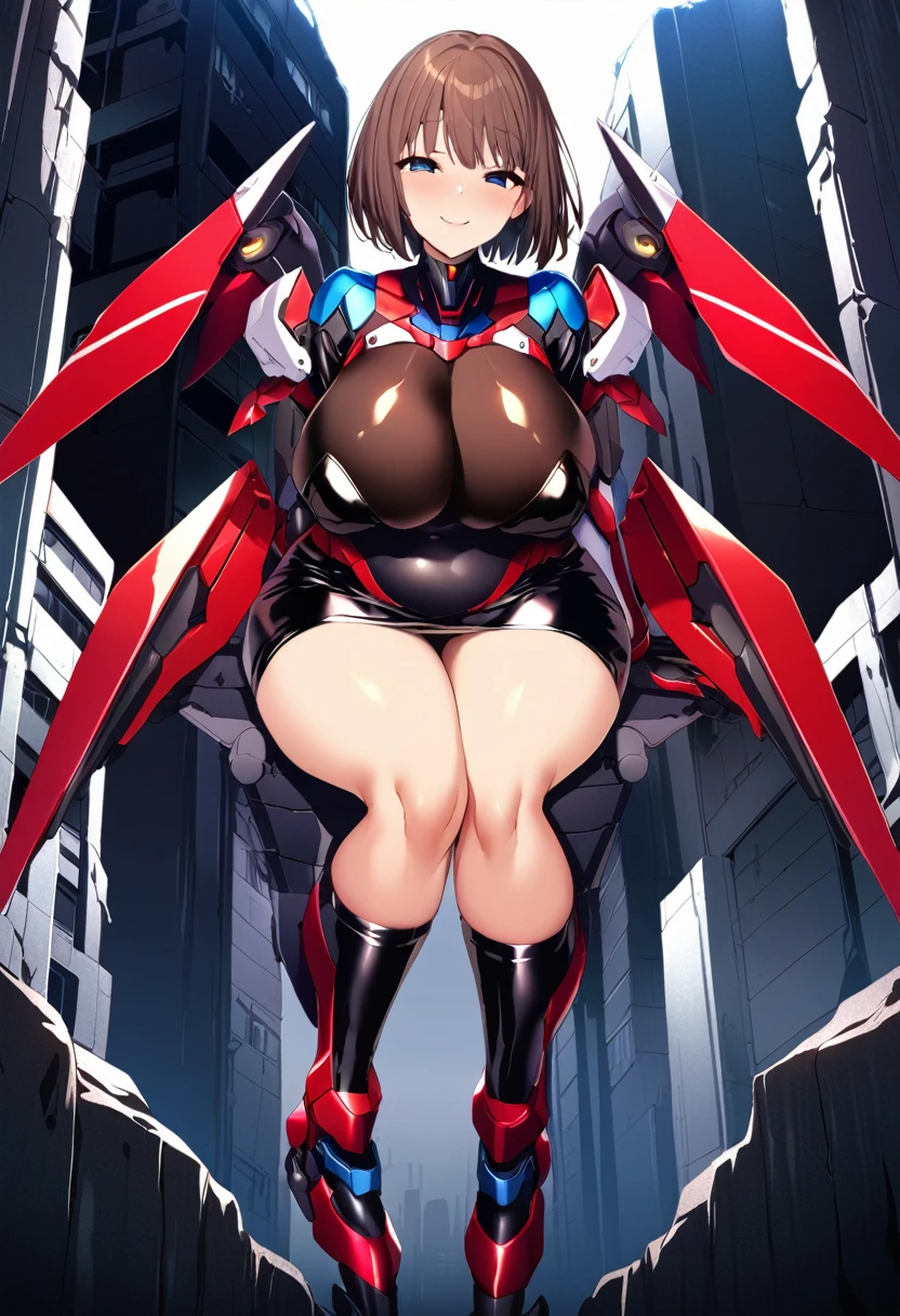 NSFW、Highest quality,Masterpiece,High resolution,Super detailed,perfect anatomy,extremely detailed CG,girl,（Full body painting）、No correction、（（（Sato Air）））、（Character portrait）、Evil Combatants、One unparalleled beautiful girl,Short Hair,Brown Hair,Blue Eyes,Big Breasts,Big Butt、（（Fallen into evil））、Glossy black bodysuit、A plump and seductive body、The ultimate female body、Wicked Smile,cute,Refreshing belly,,See-through clothing、Shiny skin、Wearing a mechanical miniskirt、（（Mecha Girl））、Knee socks、（（Obscene lines））、（Has a mechanical demon tail）、（Has mechanical demon wings on his back）、（Mechanical Limbs）、（Background is a ruined city）、（Vicious clawed gauntlets）、