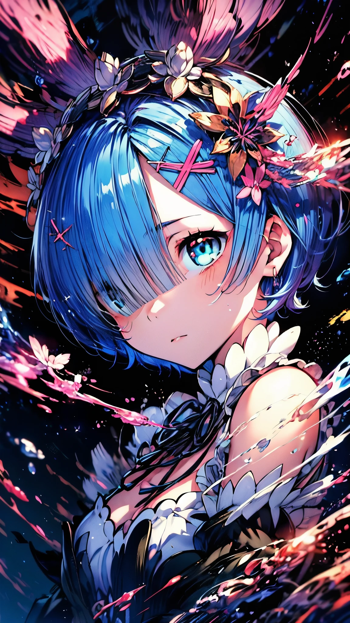 (Highest quality),(masterpiece), 8k,Very detailed, Detailed light, Best Shadow,Detailed reflective eyes, Beautiful Eyes, Very detailedな顔,Shiny Hair,2 people,Gloss,semi-long,Pink Hair,Pink Eyes,Blue Hair,Blue Eyes,enchanting,Expressionless,Quiet anger,full moon,hair ornaments,whole body,front,Re:Zero,rem,ram,Ram,Rem,fan,darkness,face is dirty for painting,Dynamic Angle,