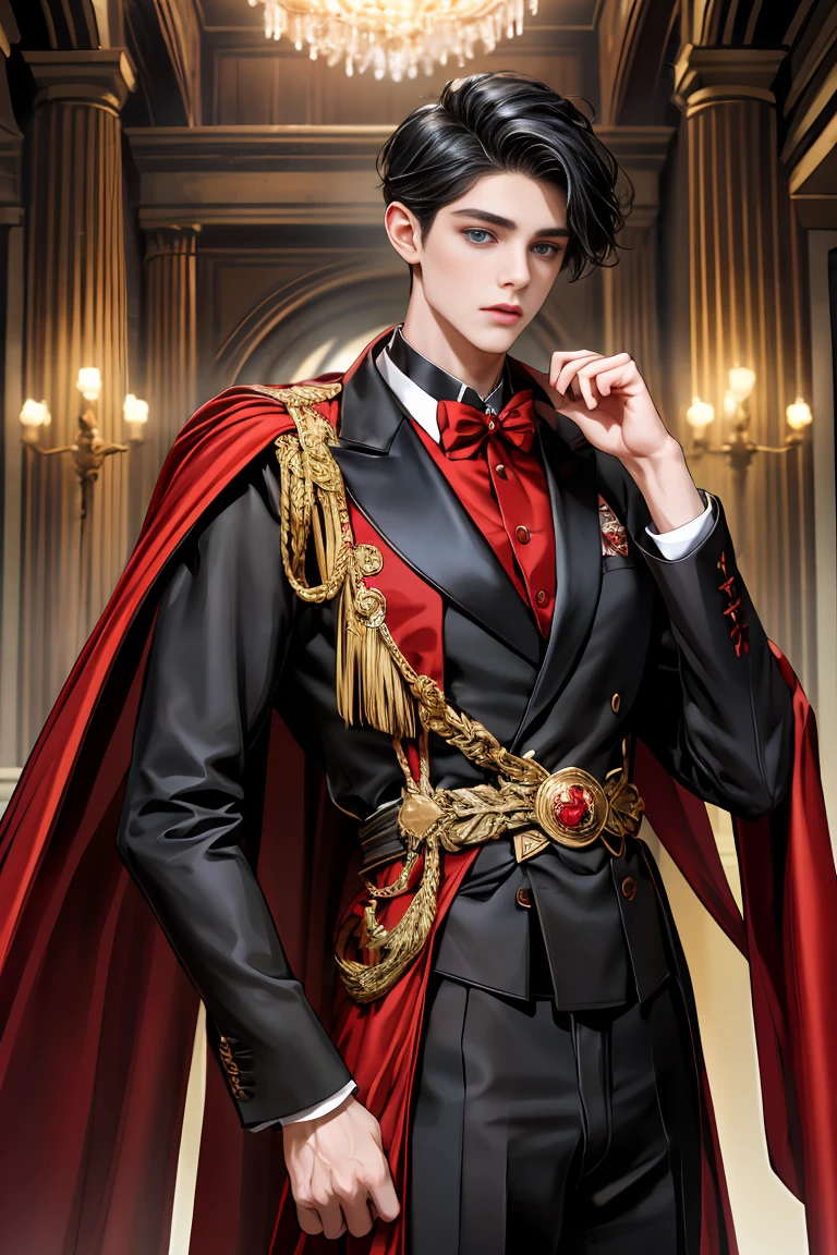 
masterpiece, 最high quality, high quality, 1 boy, alone, Male focus, Watching the audience,  Messy black hair, Adorable big blue eyes, White, Noble, Noble,A black and red cape that is bursting with sexy volume、Tuxedo、A very voluminous, large, very large, very large, long, long red and black cape with a high stand-up collar, made of a lot of fabric that reaches down to the floor., 17 years old,Cute beautiful boys,Cute, cute, kind, handsome guy
