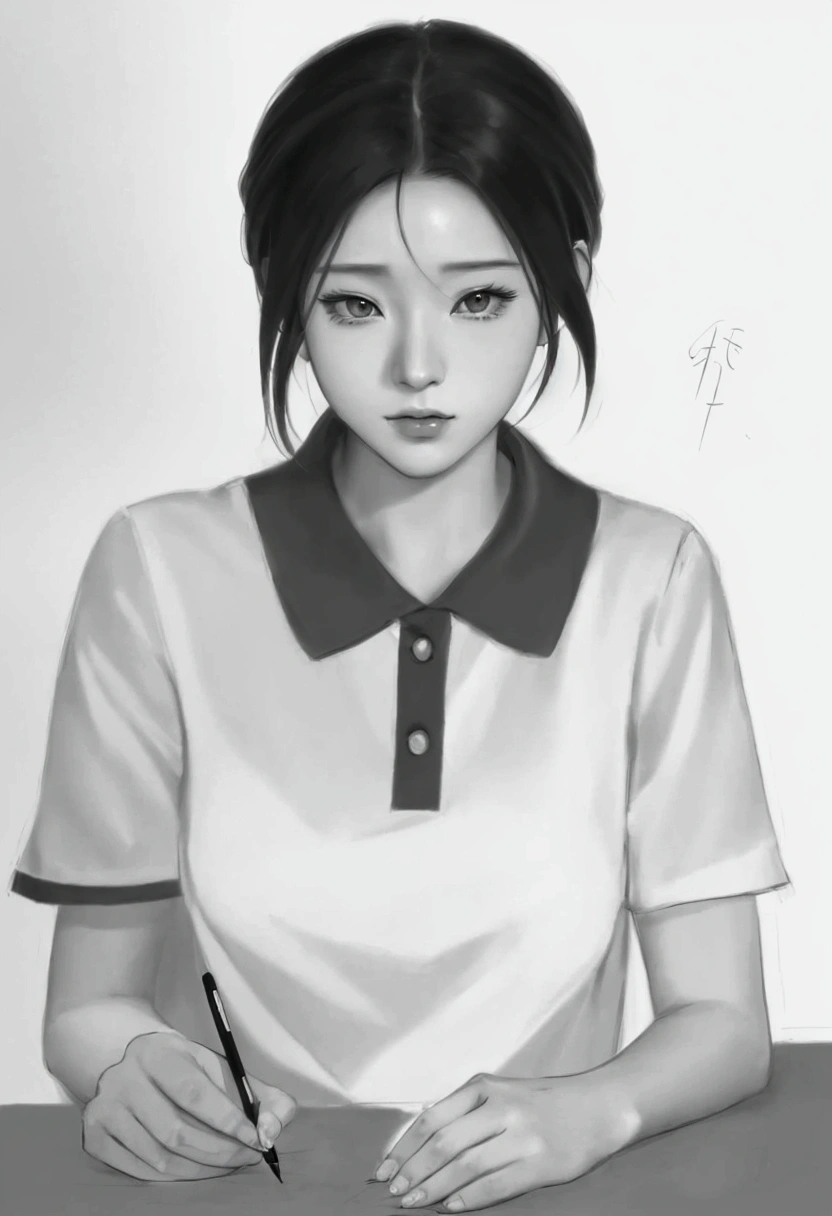 Close-up of a person writing on paper, anime realism style, artwork in the style of Gouvice, Semi-realistic anime style, Drawing in Anime Painter Studio, digital pencil drawing, Inspiration from Wu Shixian, digital sketch, Inspiration from Zhou Wenjing, Made with Anime Painter Studio., Gouvice, girl body, anime realism