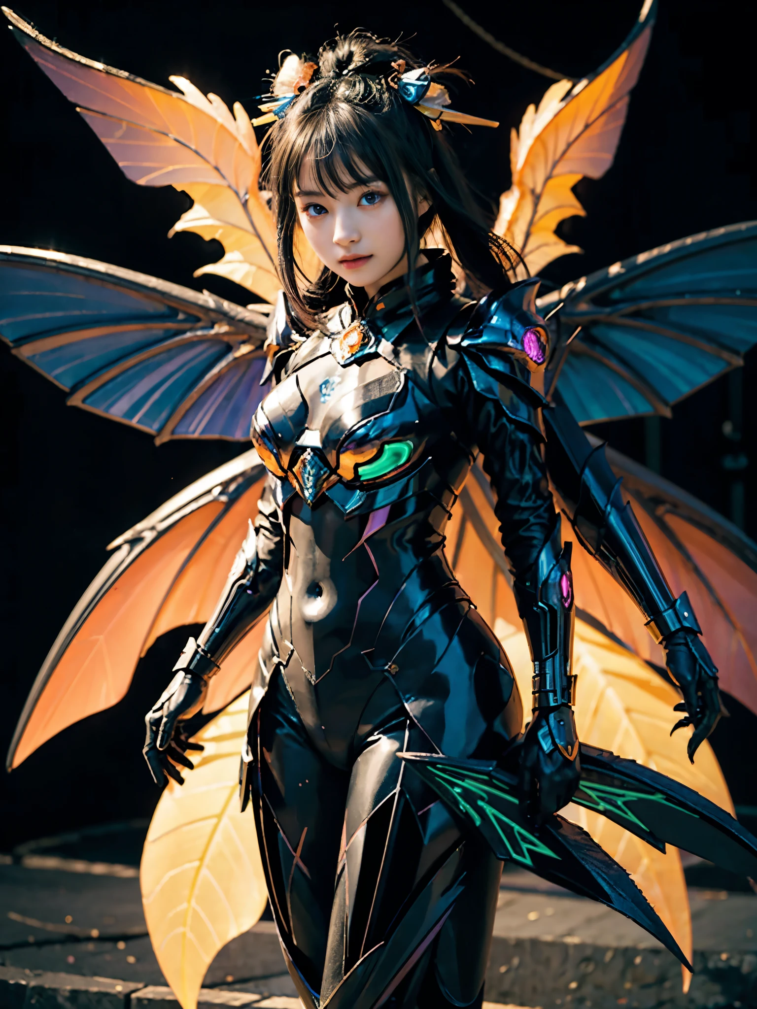 1girl, Armor, Wings, beautiful dragon, futuristic evolved Nekomata, (Neon glowing body), 2 tails, holographic, (The wings are symmetrically paired;1.5), Tricolor color body
