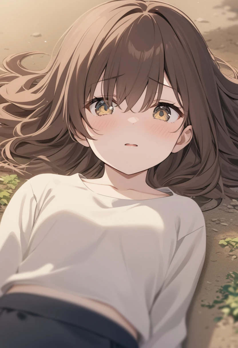 Girl with dark brown hair.Hazel eyes.He was lying on the ground afraid.