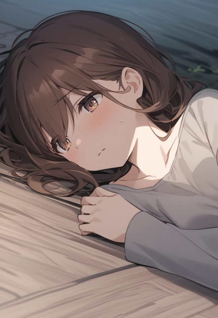 Women,Brown hair, short hair, purple eyes, young 20 years, torn clothes, sad, crying, male, dynamic pose, Alone