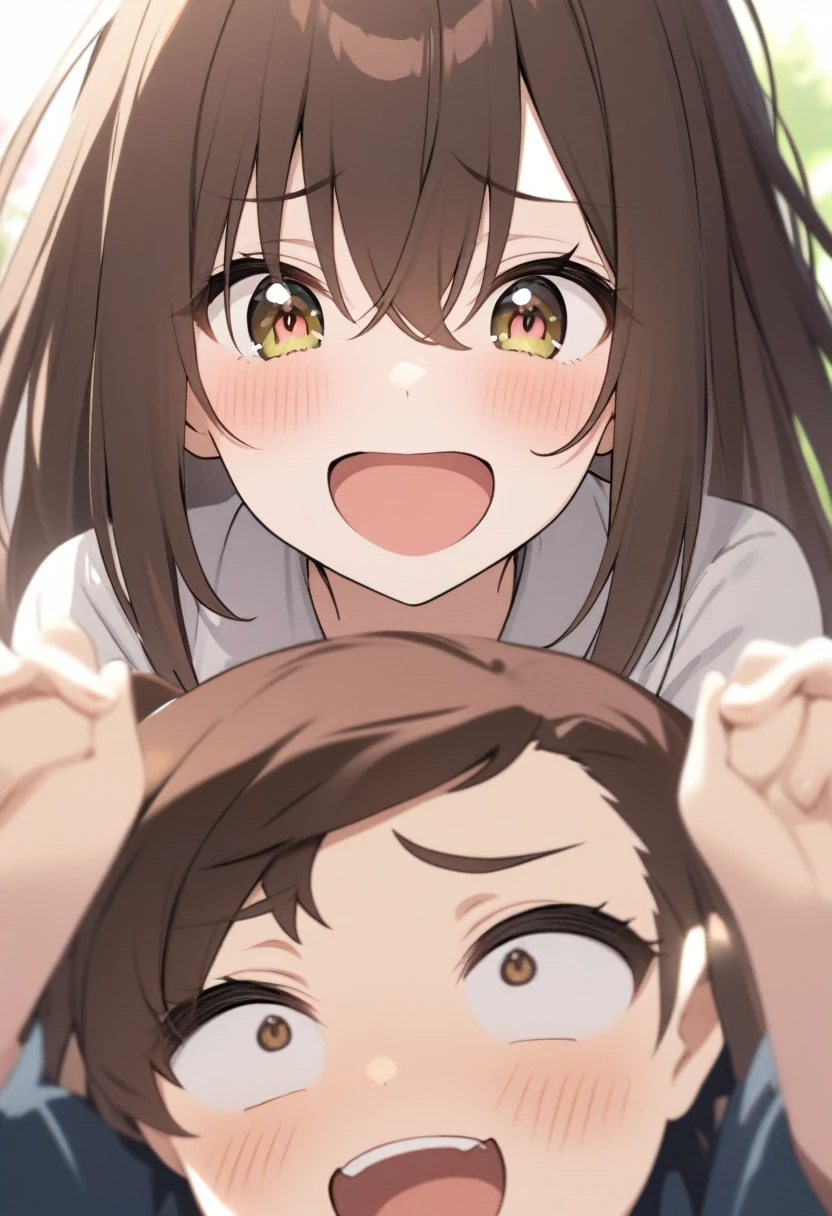 detailed illustration, dynamic angle, ultra-detailed, illustration, 1girl, 18 year old, school girl, wavy brown hair, long hair, bright brown eyes, hearts, white shirt, blue plaid skirt, cleavage, flush, blush, arousal, laying on bed, drunk, dizzy, swirl eyes, wide eyes, open mouth, confused, wide eyes, shocked eyes, amazed eyes, beer bottle, happy, smile