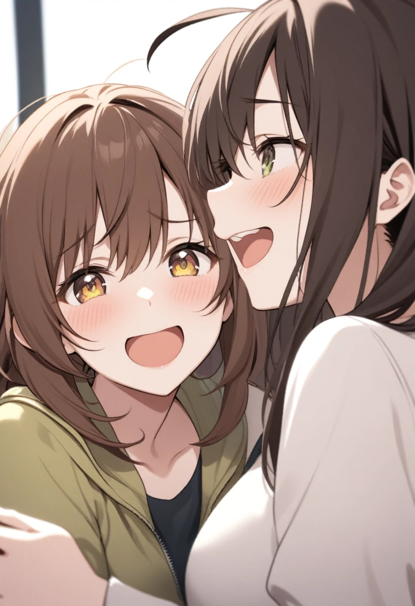 Girl with dark brown hair.Hazel eyes.Laugh