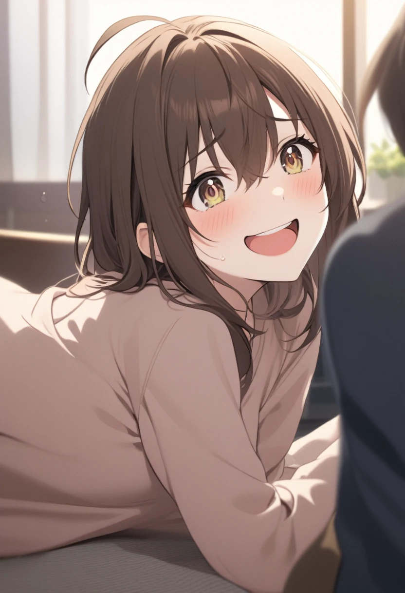 Girl with dark brown hair.Hazel eyes.Laugh