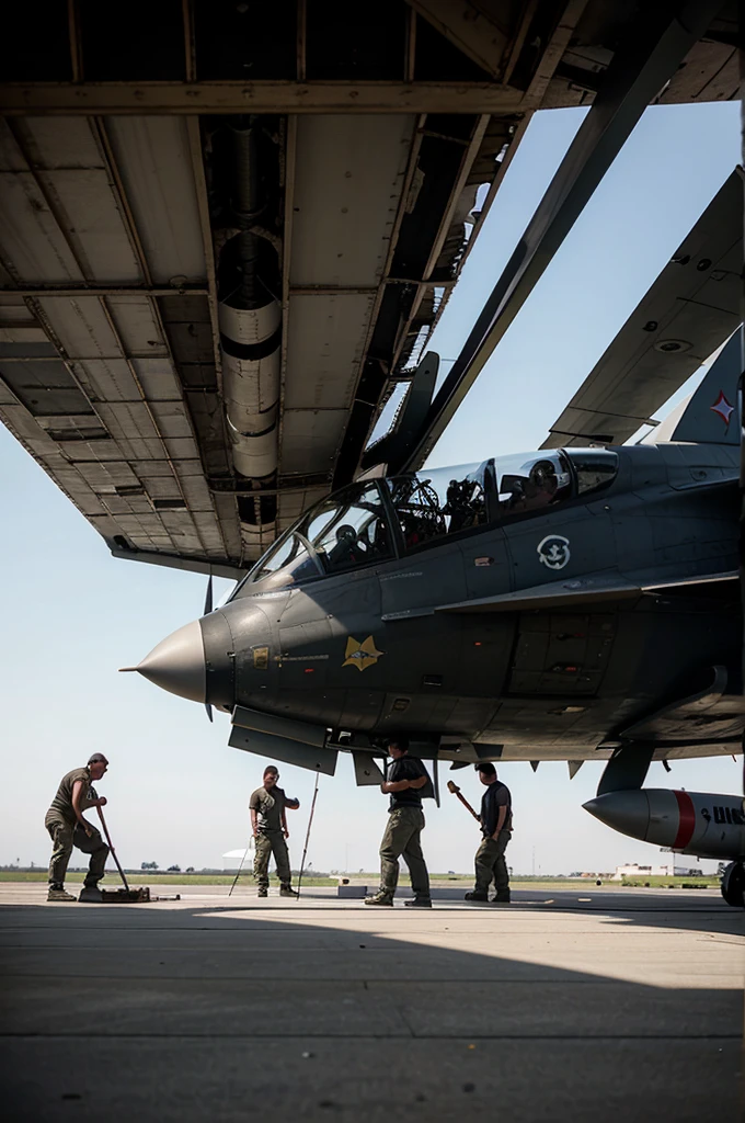 four men cleaning a bomb from a fighter plane