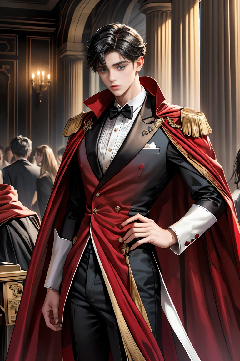 
masterpiece, 最high quality, high quality, 1 boy, alone, Male focus, Watching the audience,  Messy black hair, Adorable big blue eyes, White, Noble, Noble,A black and red cape that is bursting with sexy volume、Tuxedo、A very voluminous, large, very large, very large, long, long red and black cape with a high stand-up collar, made of a lot of fabric that reaches down to the floor., 17 years old,Cute beautiful boys,Cute, cute, kind, handsome guy